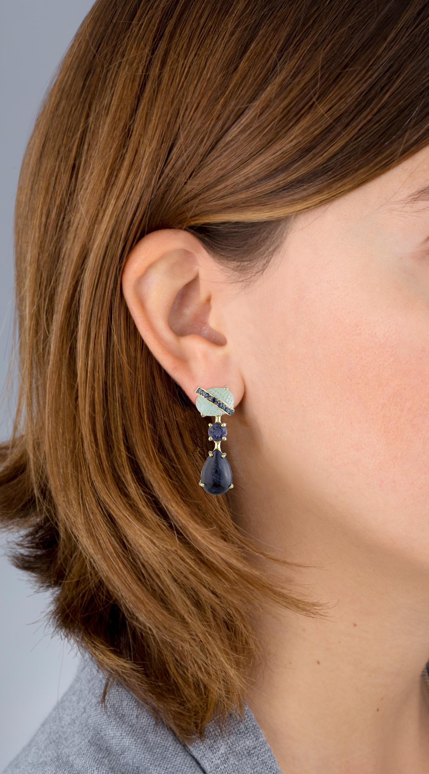 New Cab 925 Silver Earrings with Sapphire, Aquamarine  and Iolite