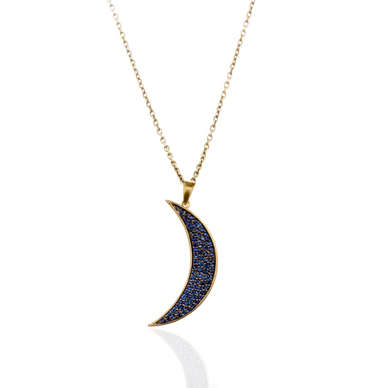 925 Silver Medium Moon Necklace Plated in Yellow Gold with Blue Sapphires