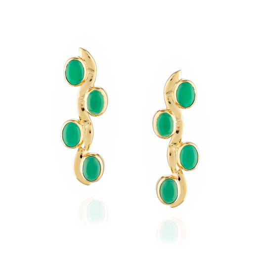 Caramelo 925 Silver Earrings plated in 18k Yellow Gold with 4 oval Green Onyx Cabouchon