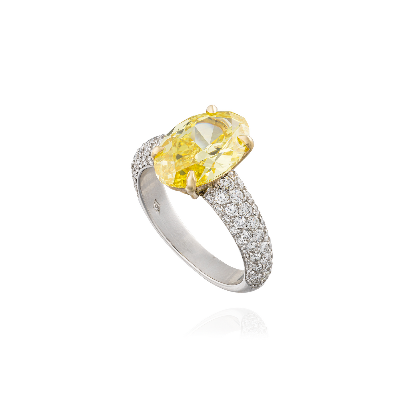 18KT White Gold Ring with White Diamond Pave Band & Yellow Diamond