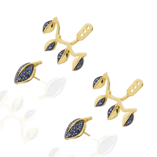 925 Silver Double Leaf Earrings with Blue Sapphire Pavé