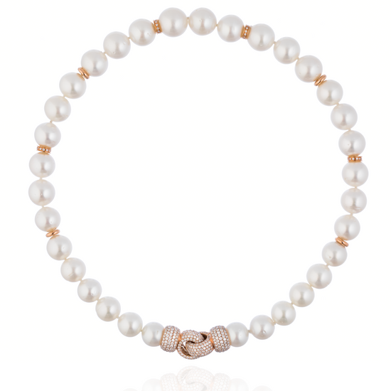 18K Rose Gold Necklace with South Sea Pearls & White Diamond Closure