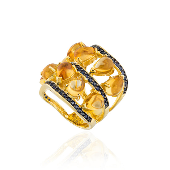 Floret 925 Silver Ring with Citrine Cabochons & Blue Sapphire