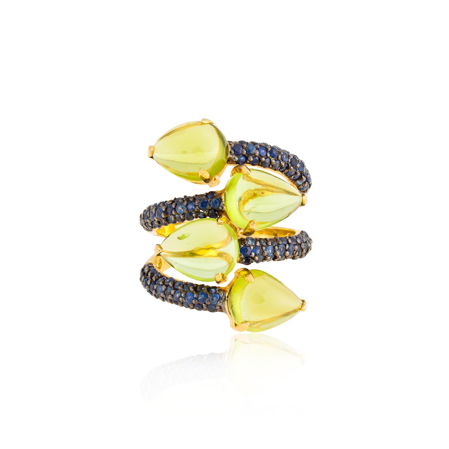 925 Silver Ring with Peridot Cabochon & Blue Sapphires