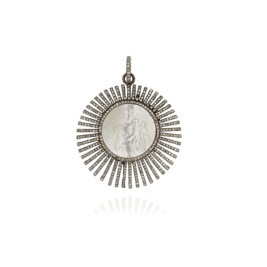 925 Silver Black Rhodium Medal ( Virgin Mother of Pearl) with Diamonds