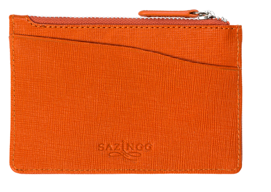 Credit Card Pouch with Keyring in Orange Textured Leather