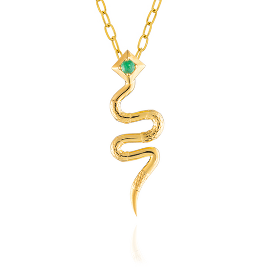 Serpentine 925 Silver Snake Necklace with Emerald Cabouchon