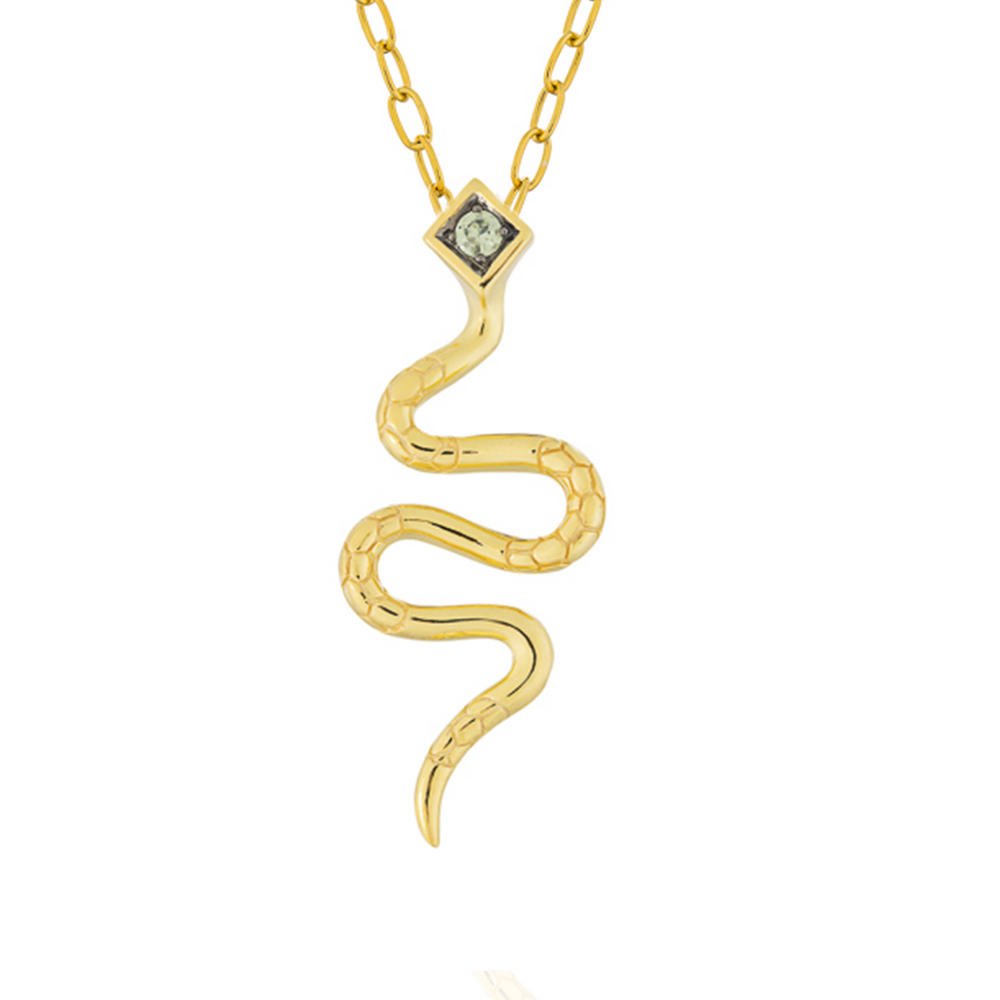 Serpentine 925 Silver  Snake Necklace Yellow Gold Plated with Green Sapphire