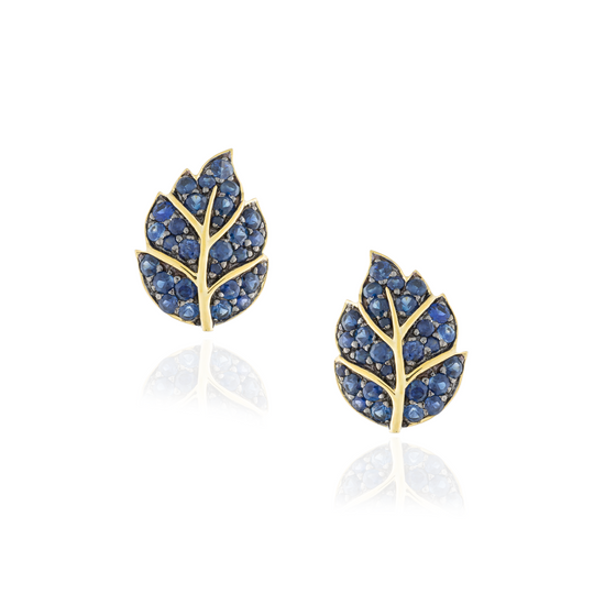 925 Silver Leaf Earrings Yellow Gold Plated with Blue Sapphire