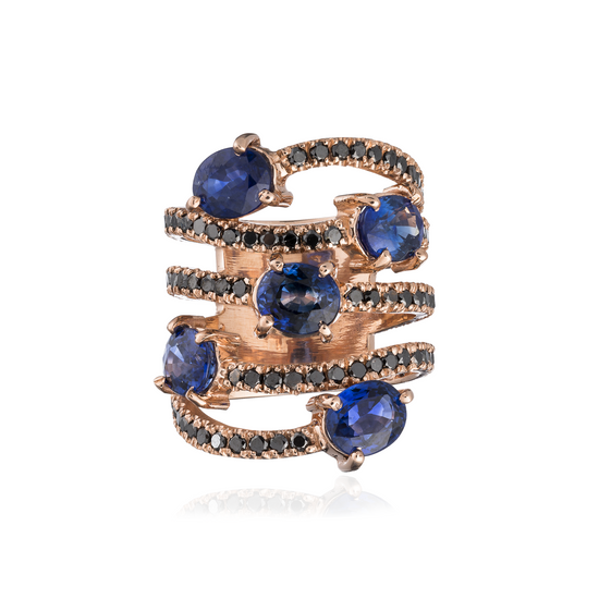 14k Rose Gold Ring with Blue Sapphire and Black Diamonds
