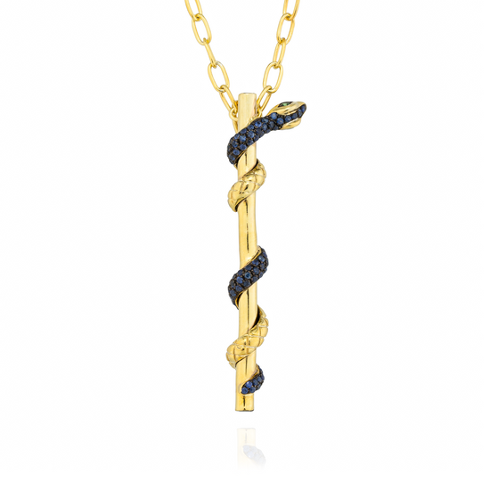 925 Silver Snake Pendant Plated in  18 KT Yellow Gold with Sapphire & Tsavorite