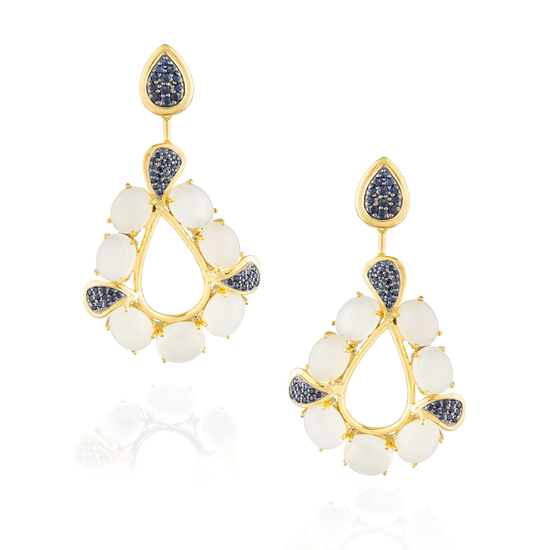 925 Silver Earring Yellow Gold Plated with Moonstone and Blue Sapphire