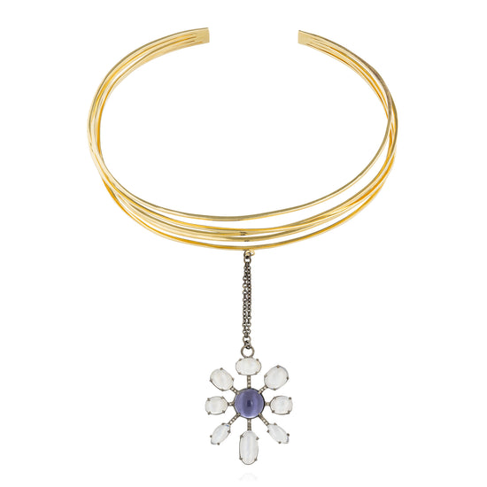 925 Silver Yellow Gold Plated Cuff Necklace Silver Black Rhodium Flower Pendant with Moonstone and Iolite Cabouchon