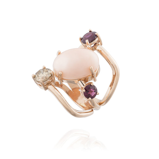 14KT Rose Gold Ring with Rose Coral Cabouchon Garnet