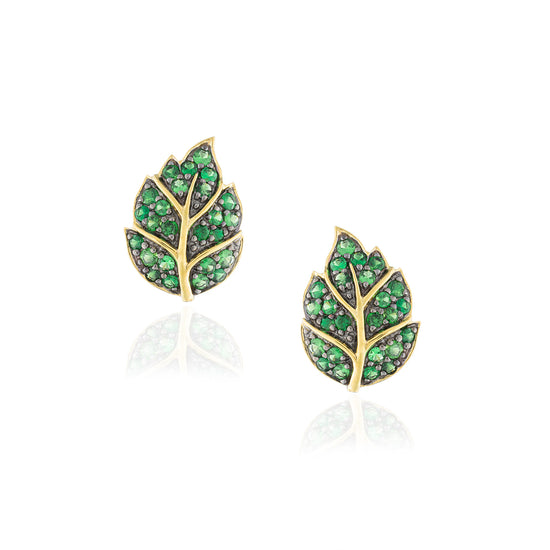 925 Silver Leaf Earrings Yellow Gold Plated with Tsavorite