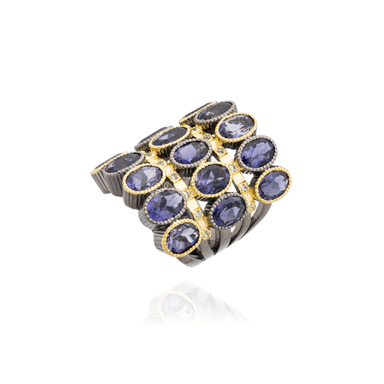 925 Silver O Ring plated in 18K Yellow Gold & Black Rhodium with Iolite & Green Sapphires