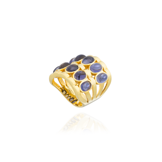 Caramelo 925 Silver Ring Plated in 18K Yellow Gold with Iolite Cabouchon