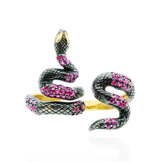 925 Silver Double Finger Snake Ring Plated in Black Rhodium with Rubies