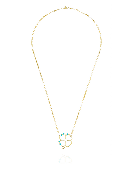 925 Silver Gold Plated 18KT Large Clover Necklace with Turquoise Cabouchon