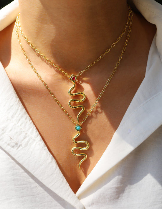 Serpentine 925 Silver Snake Necklace with Turquoise Cabouchon