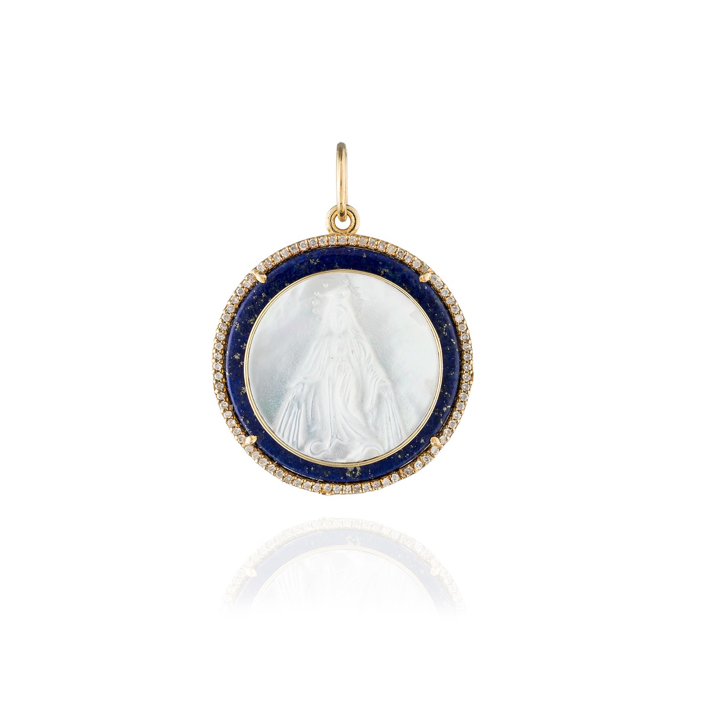 14KT Yellow Gold Round Medal of Our Lady of Grace in Mother of Pearl