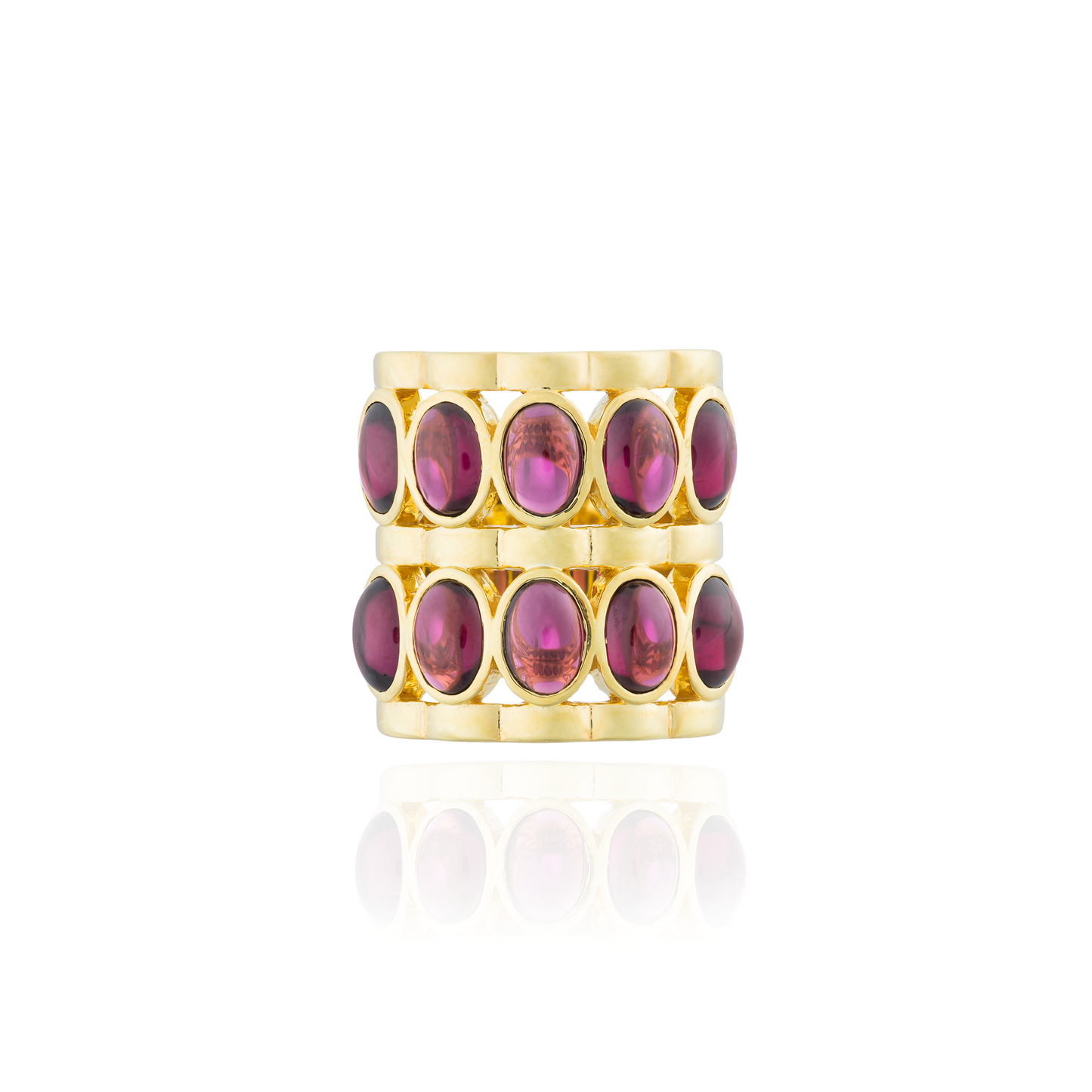 Caramelo 925 Silver Ring Plated in 18K Yellow Gold with Rhodolite Cabouchon