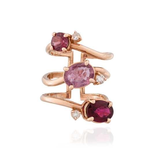 Waterfall 14KT Rose gold Ring with Rodolite, Rubellite, Pink Sapphire and Diamond
