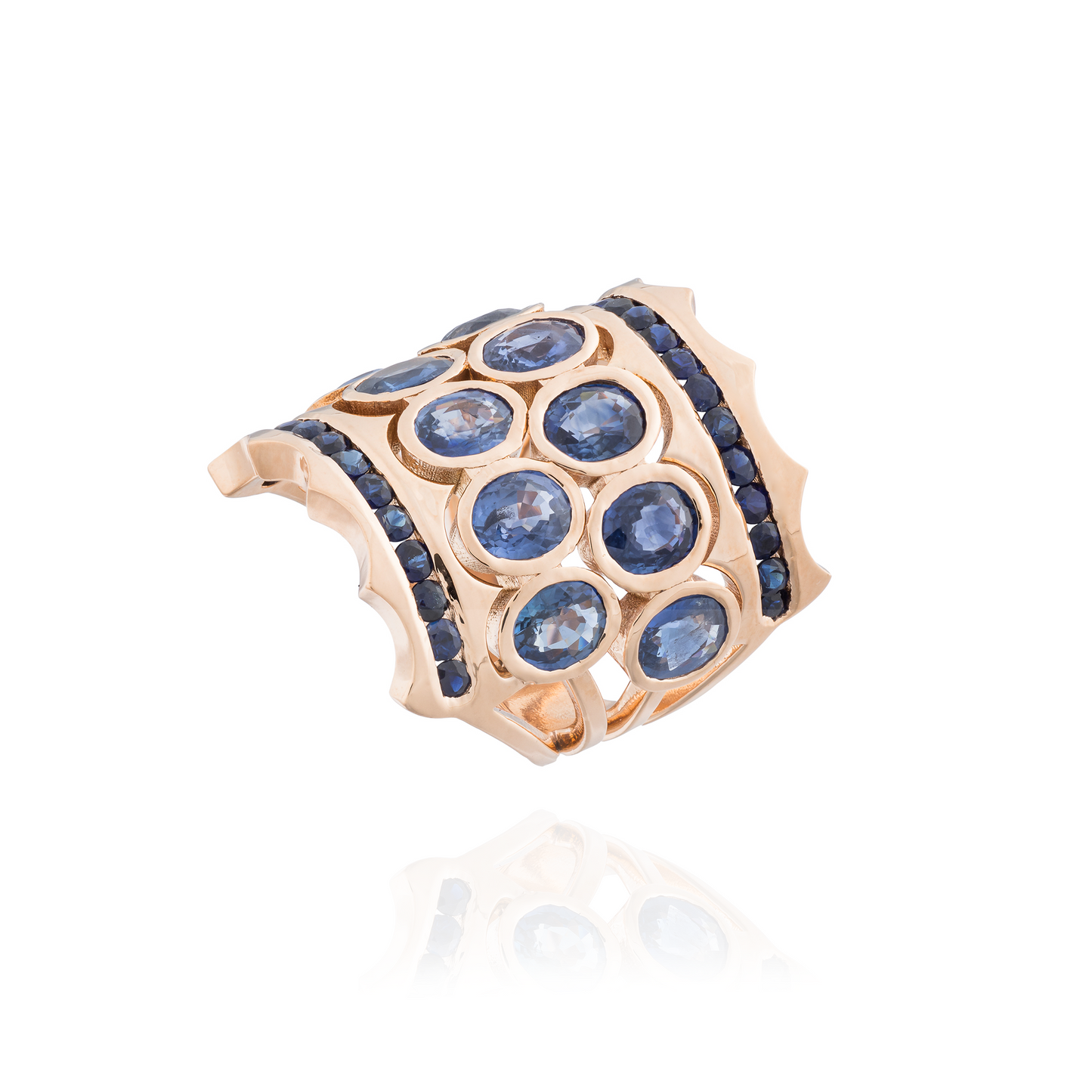 Iconic Wave 18K Rose Gold Ring With Blue Sapphires