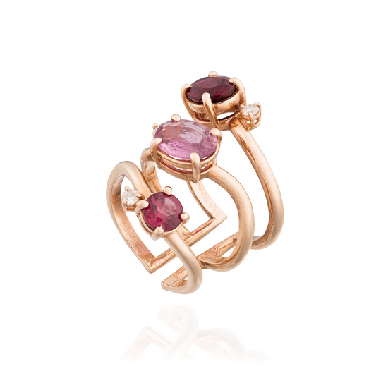 Waterfall 14KT Rose gold Ring with Rodolite, Rubellite, Pink Sapphire and Diamond