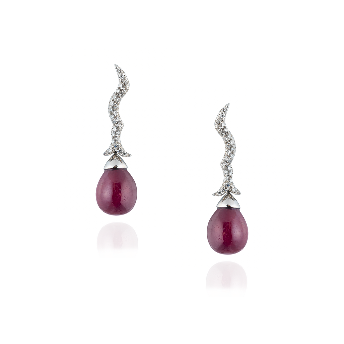 18K White Gold Earrings with Ruby Cabochon Drops