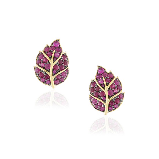 925 Silver Leaf Earrings Yellow Gold Plated with Ruby