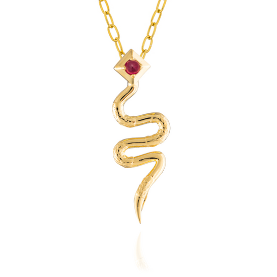 Serpentine 925 Silver Snake Necklace with Ruby Cabouchon