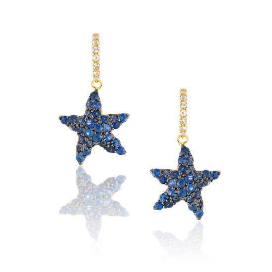 925 Silver Starfish Sapphire Earrings with White Topaz and Blue Sapphire