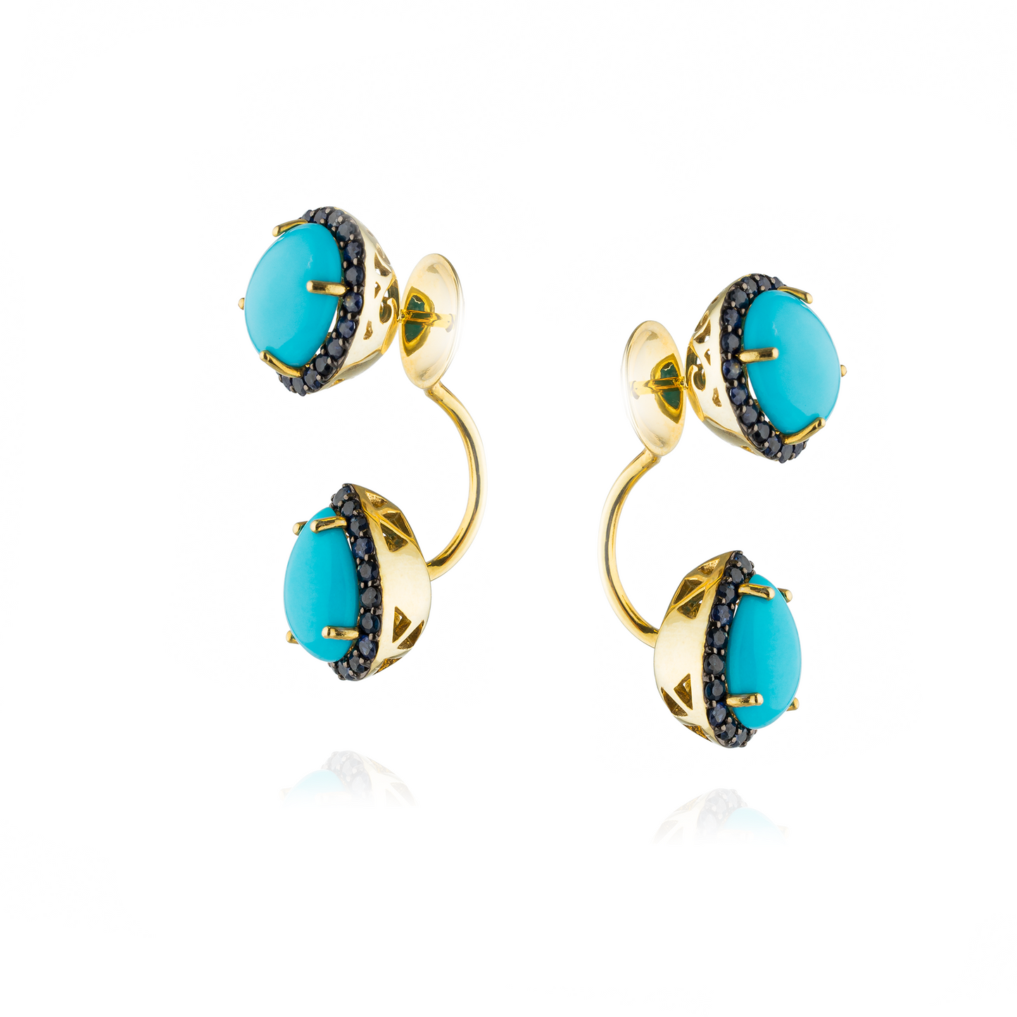 925 Silver Earrings Yellow Gold Plated  with Turquoise Cabouchon with Blue Sapphire