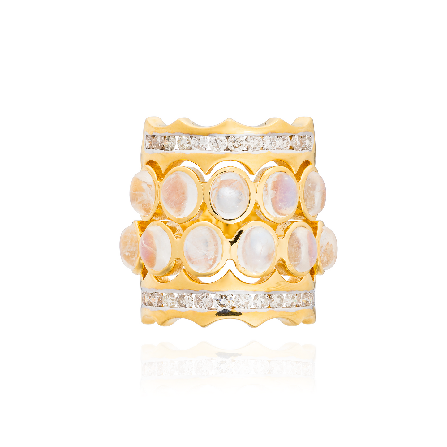 Iconic Wave 18K Yellow Gold Ring with Moonstone Cabochons & White Diamonds