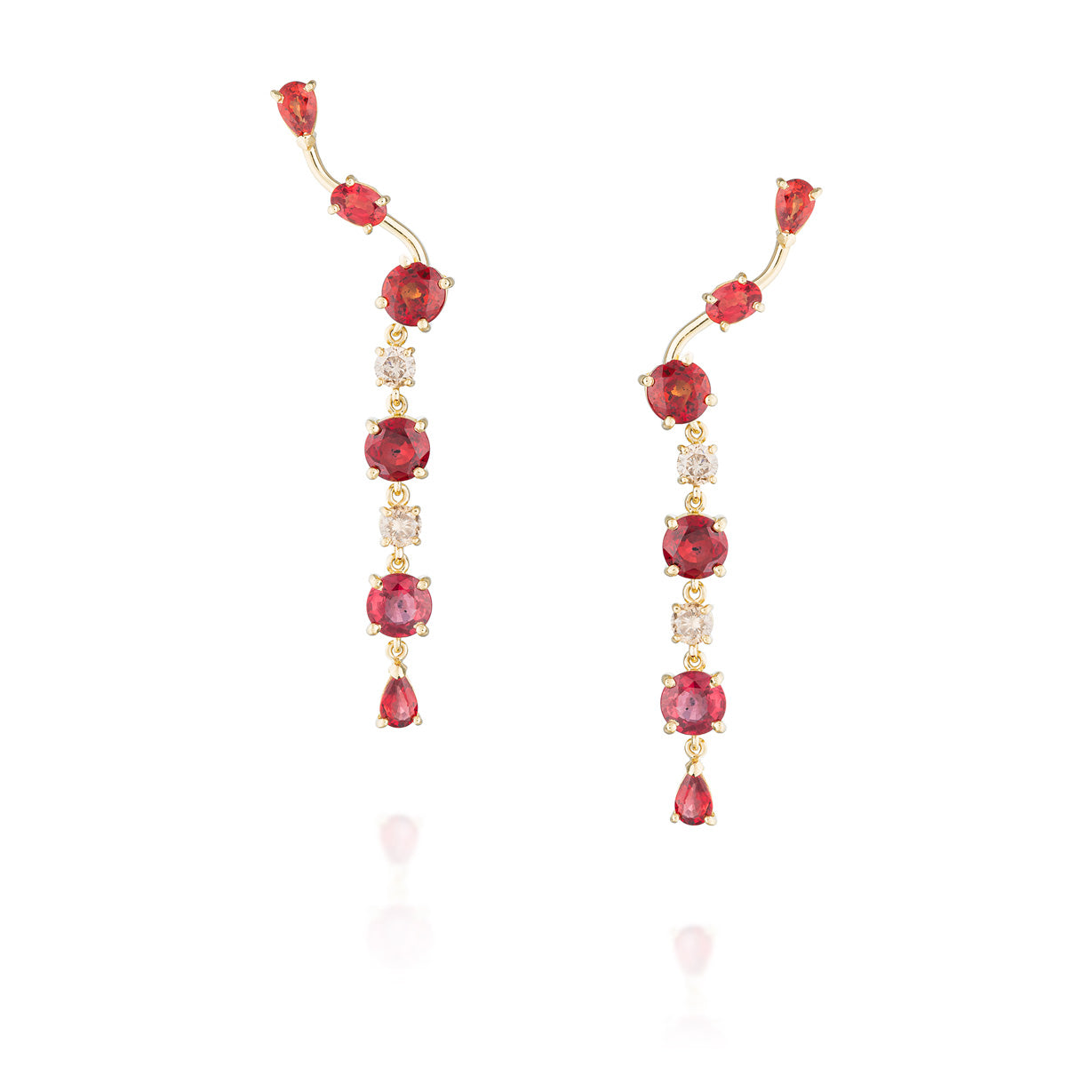 18K Yellow Gold Waterfall Earrings with Cherry Sapphires & Cognac Diamonds