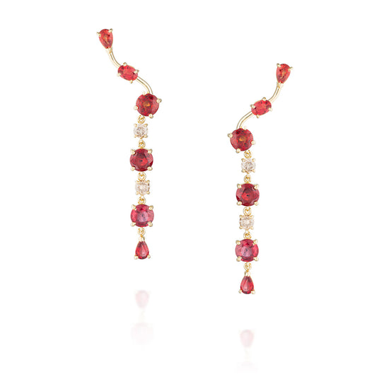 18K Yellow Gold Waterfall Earrings with Cherry Sapphires & Cognac Diamonds