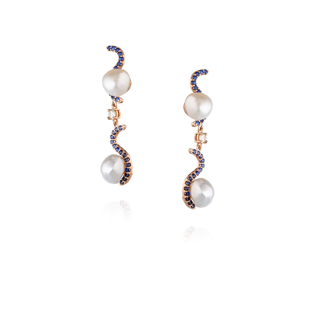 14K Yellow Gold Earrings with South Sea Pearls, Blue Sapphire, & White Diamond