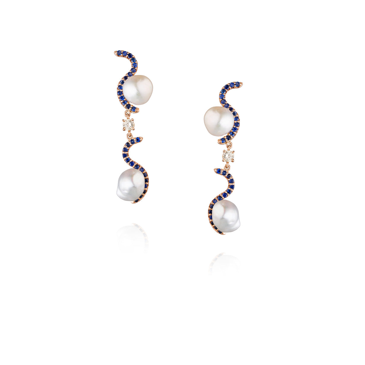 14K Yellow Gold Earrings with South Sea Pearls, Blue Sapphire, & White Diamond