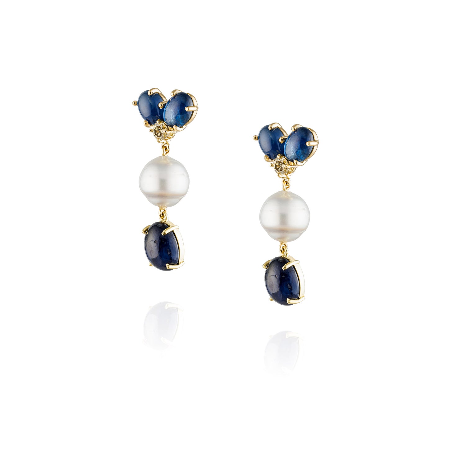 18K Yellow Gold Earrings with Blue Sapphire, Cognac Diamond, & South Sea Baroque Pearl