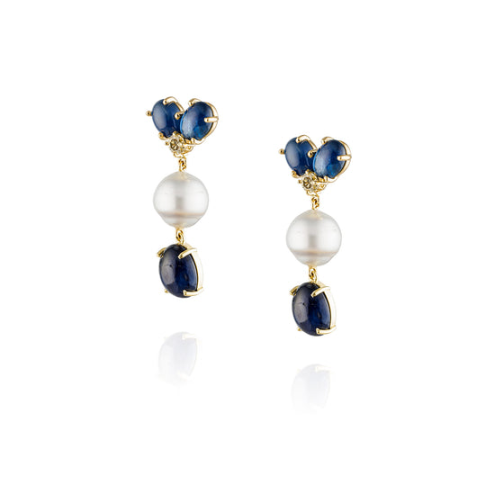 Load image into Gallery viewer, 18K Yellow Gold Earrings with Blue Sapphire, Cognac Diamond, &amp;amp; South Sea Baroque Pearl
