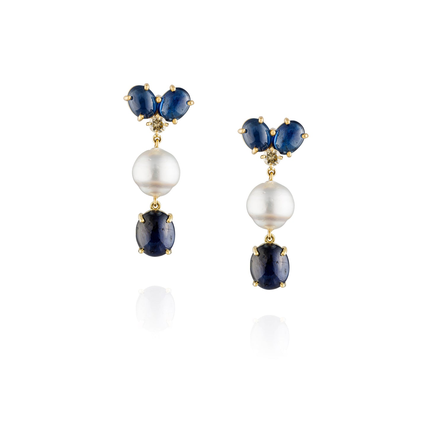 18K Yellow Gold Earrings with Blue Sapphire, Cognac Diamond, & South Sea Baroque Pearl