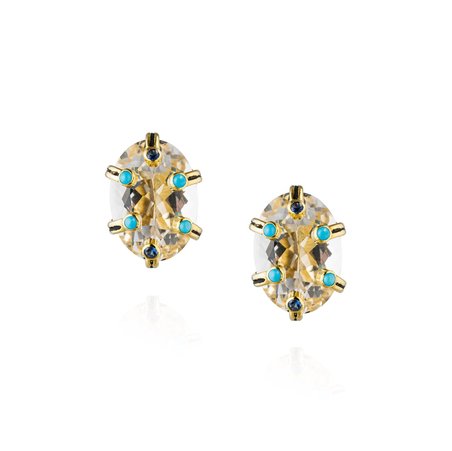925 Silver Earrings with Clear Quartz, Turquoise, & Blue Sapphire