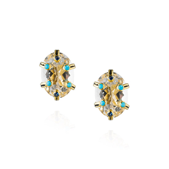 925 Silver Earrings with Clear Quartz, Turquoise, & Blue Sapphire