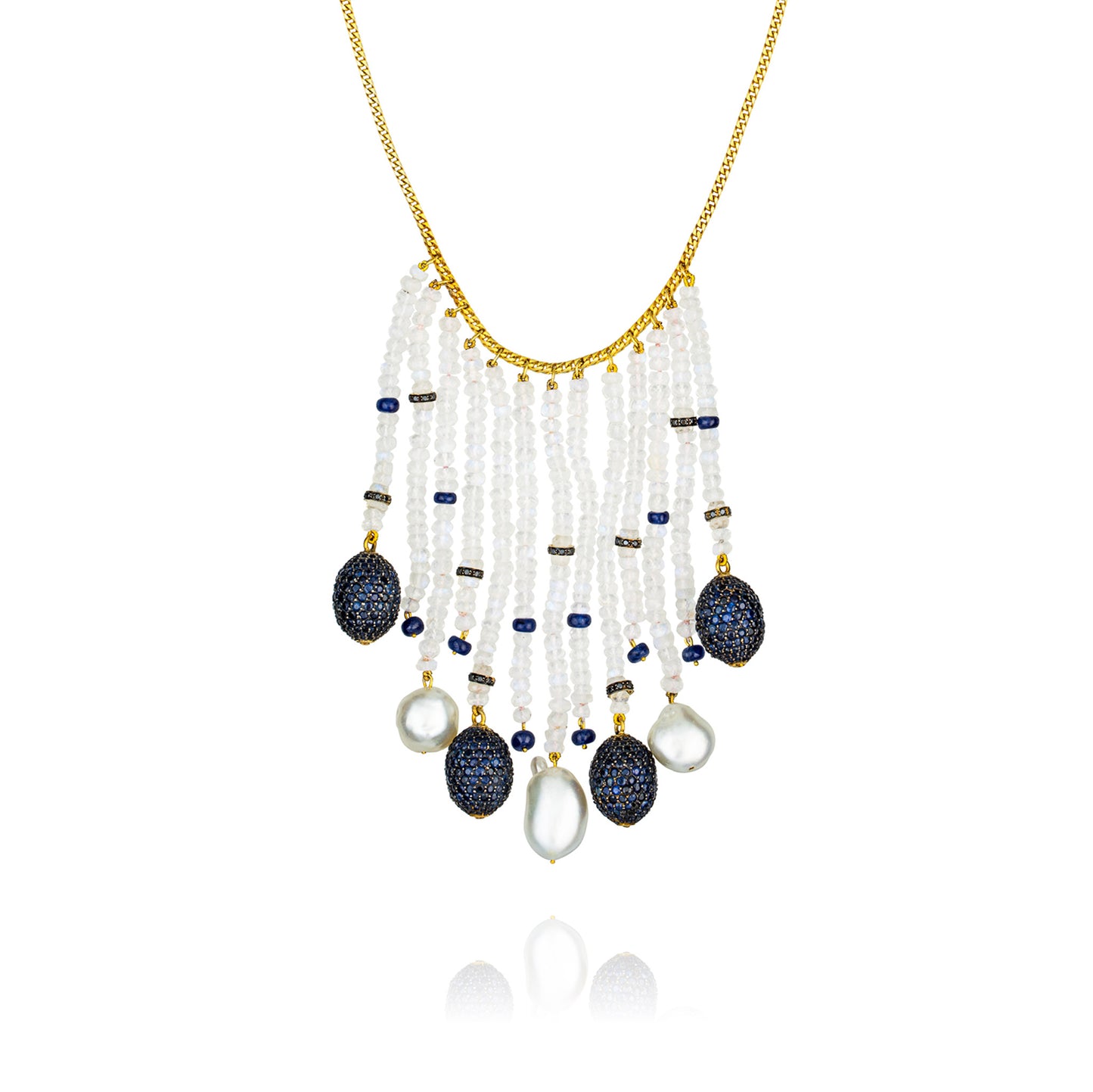 14K Yellow Gold Necklace with Sapphires, Pearls & Moonstones