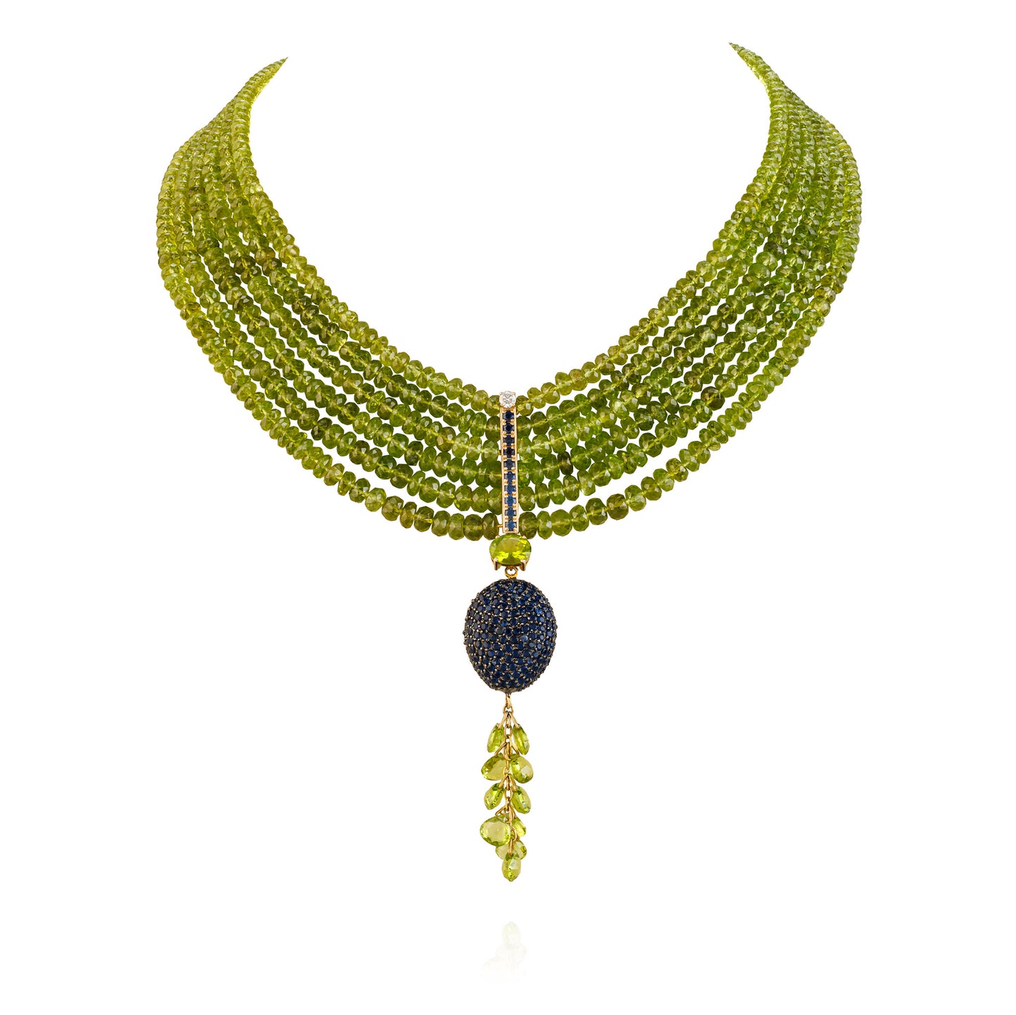 14K Yellow Gold Necklace with Peridot, Blue Sapphires, and White Diamonds