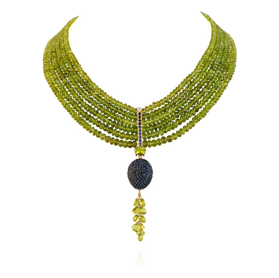 14K Yellow Gold Necklace with Peridot, Blue Sapphires, and White Diamonds