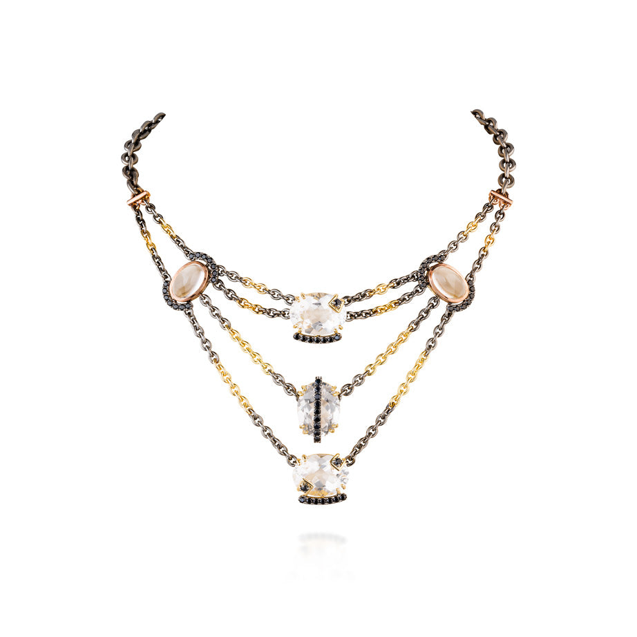 925 Silver Necklace with Rhodium, White Quartz, & Black Sapphire
