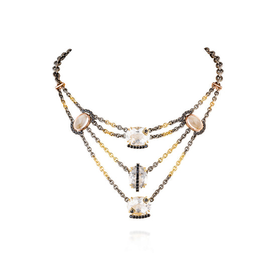 925 Silver Necklace with Rhodium, White Quartz, & Black Sapphire