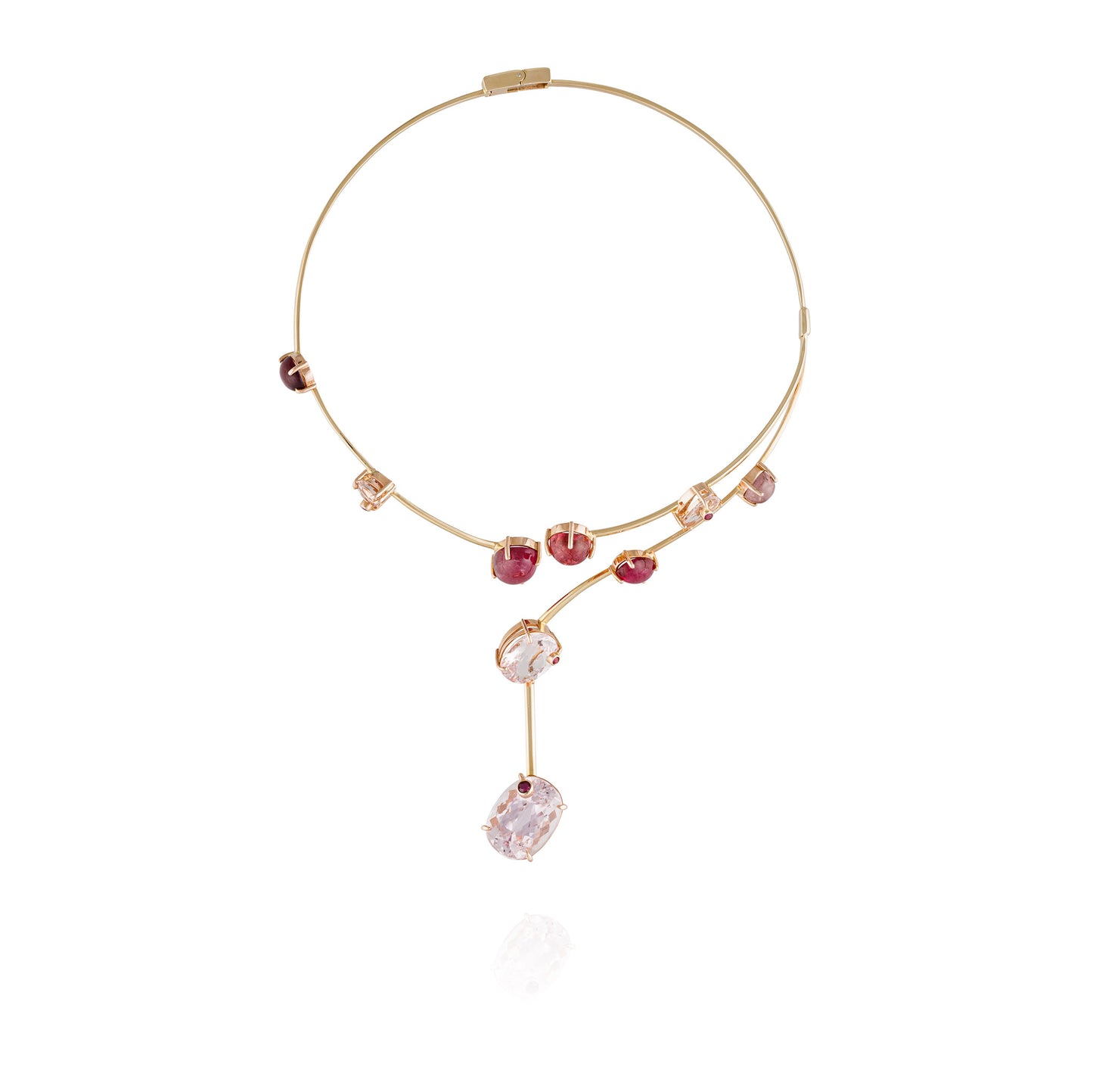 14K Rose Gold Cuff Necklace with Morganite, Pink Turmalina, & Ruby